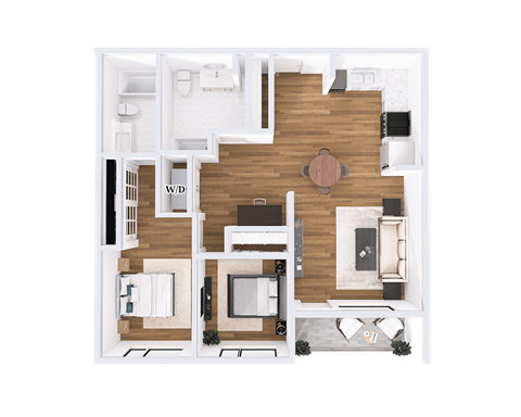 A top-down view of a living room with a couch, coffee table, and television.